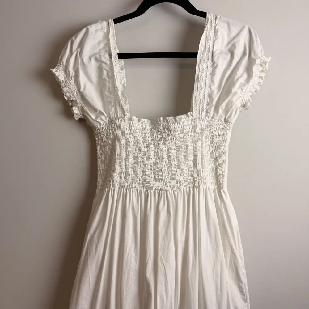 O.P.T Lazy Afternoon Dress White Maxi Medium Smocked Cotton Lined Puff Sleeve - Picture 14 of 15